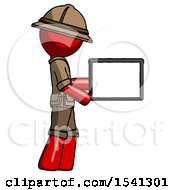 Poster, Art Print Of Red Explorer Ranger Man Show Tablet Device Computer To Viewer Blank Area