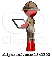 Poster, Art Print Of Red Explorer Ranger Man Looking At Tablet Device Computer With Back To Viewer