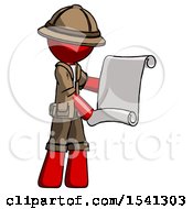 Red Explorer Ranger Man Holding Blueprints Or Scroll
