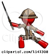 Poster, Art Print Of Red Explorer Ranger Man With Ninja Sword Katana In Defense Pose