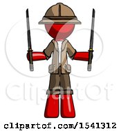 Red Explorer Ranger Man Posing With Two Ninja Sword Katanas Up