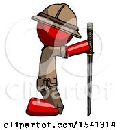 Poster, Art Print Of Red Explorer Ranger Man Kneeling With Ninja Sword Katana Showing Respect