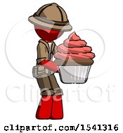 Poster, Art Print Of Red Explorer Ranger Man Holding Large Cupcake Ready To Eat Or Serve