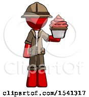 Poster, Art Print Of Red Explorer Ranger Man Presenting Pink Cupcake To Viewer