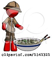 Poster, Art Print Of Red Explorer Ranger Man And Noodle Bowl Giant Soup Restaraunt Concept