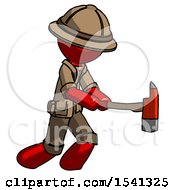 Red Explorer Ranger Man With Ax Hitting Striking Or Chopping