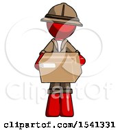 Poster, Art Print Of Red Explorer Ranger Man Holding Box Sent Or Arriving In Mail