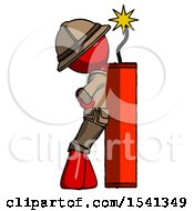 Poster, Art Print Of Red Explorer Ranger Man Leaning Against Dynimate Large Stick Ready To Blow