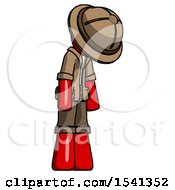 Poster, Art Print Of Red Explorer Ranger Man Depressed With Head Down Turned Right
