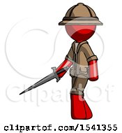 Poster, Art Print Of Red Explorer Ranger Man With Sword Walking Confidently