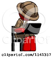 Poster, Art Print Of Red Explorer Ranger Man Using Laptop Computer While Sitting In Chair Angled Right