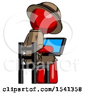 Poster, Art Print Of Red Explorer Ranger Man Using Laptop Computer While Sitting In Chair View From Back