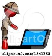 Poster, Art Print Of Red Explorer Ranger Man Using Large Laptop Computer Side Orthographic View