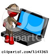 Red Explorer Ranger Man Using Large Laptop Computer