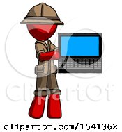 Red Explorer Ranger Man Holding Laptop Computer Presenting Something On Screen