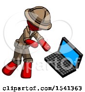 Red Explorer Ranger Man Throwing Laptop Computer In Frustration