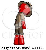 Poster, Art Print Of Red Explorer Ranger Man Depressed With Head Down Back To Viewer Right