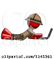 Poster, Art Print Of Red Explorer Ranger Man Using Laptop Computer While Lying On Floor Side View
