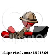 Poster, Art Print Of Red Explorer Ranger Man Using Laptop Computer While Lying On Floor Side Angled View