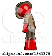 Poster, Art Print Of Red Explorer Ranger Man Depressed With Head Down Back To Viewer Left
