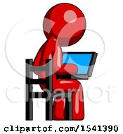 Red Design Mascot Man Using Laptop Computer While Sitting In Chair View From Back