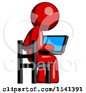 Poster, Art Print Of Red Design Mascot Woman Using Laptop Computer While Sitting In Chair View From Back