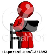 Red Design Mascot Woman Using Laptop Computer While Sitting In Chair Angled Right