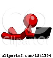 Poster, Art Print Of Red Design Mascot Man Using Laptop Computer While Lying On Floor Side Angled View