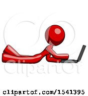 Poster, Art Print Of Red Design Mascot Woman Using Laptop Computer While Lying On Floor Side View