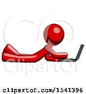 Poster, Art Print Of Red Design Mascot Man Using Laptop Computer While Lying On Floor Side View