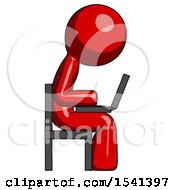 Poster, Art Print Of Red Design Mascot Man Using Laptop Computer While Sitting In Chair View From Side