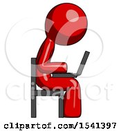 Red Design Mascot Man Using Laptop Computer While Sitting In Chair View From Side