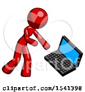 Red Design Mascot Woman Throwing Laptop Computer In Frustration
