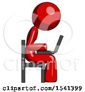 Poster, Art Print Of Red Design Mascot Woman Using Laptop Computer While Sitting In Chair View From Side