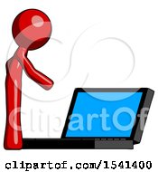 Poster, Art Print Of Red Design Mascot Man Using Large Laptop Computer Side Orthographic View