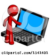 Red Design Mascot Man Using Large Laptop Computer