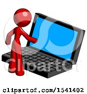 Red Design Mascot Woman Using Large Laptop Computer