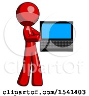 Red Design Mascot Man Holding Laptop Computer Presenting Something On Screen