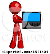 Poster, Art Print Of Red Design Mascot Woman Holding Laptop Computer Presenting Something On Screen