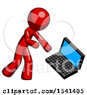 Red Design Mascot Man Throwing Laptop Computer In Frustration