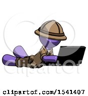 Poster, Art Print Of Purple Explorer Ranger Man Using Laptop Computer While Lying On Floor Side Angled View