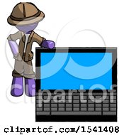 Purple Explorer Ranger Man Beside Large Laptop Computer Leaning Against It