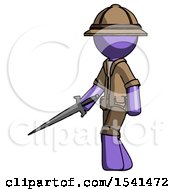 Poster, Art Print Of Purple Explorer Ranger Man With Sword Walking Confidently
