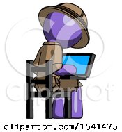 Poster, Art Print Of Purple Explorer Ranger Man Using Laptop Computer While Sitting In Chair View From Back