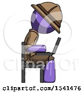 Poster, Art Print Of Purple Explorer Ranger Man Using Laptop Computer While Sitting In Chair View From Side