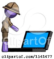 Poster, Art Print Of Purple Explorer Ranger Man Using Large Laptop Computer Side Orthographic View