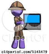 Purple Explorer Ranger Man Holding Laptop Computer Presenting Something On Screen
