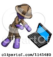 Purple Explorer Ranger Man Throwing Laptop Computer In Frustration