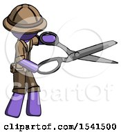 Poster, Art Print Of Purple Explorer Ranger Man Holding Giant Scissors Cutting Out Something