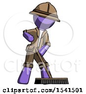 Poster, Art Print Of Purple Explorer Ranger Man Cleaning Services Janitor Sweeping Floor With Push Broom
